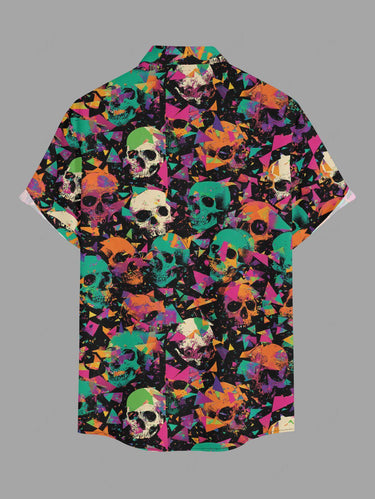 Gothic Plus Size Skull Geometric Colorblock Print Button Pocket Shirt For Men