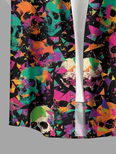 Gothic Plus Size Skull Geometric Colorblock Print Button Pocket Shirt For Men