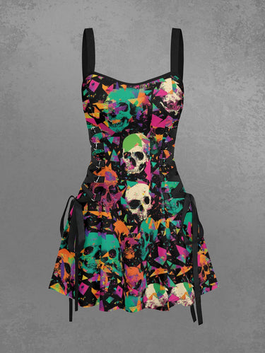 Gothic Skull Geometric Colorblock Print Lace Up A Line Dress