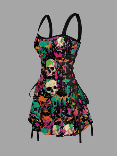 Gothic Skull Geometric Colorblock Print Lace Up A Line Dress