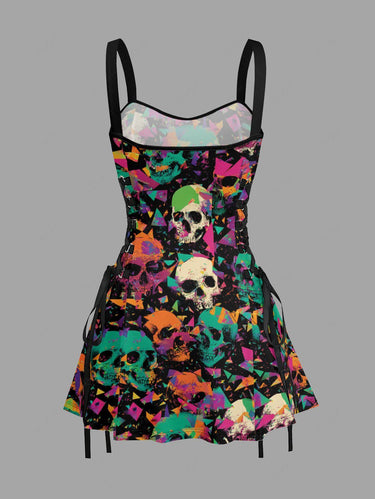 Gothic Skull Geometric Colorblock Print Lace Up A Line Dress
