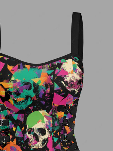 Gothic Skull Geometric Colorblock Print Lace Up A Line Dress