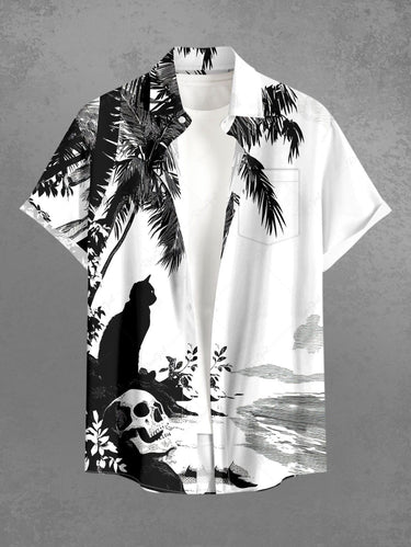 Gothic Plus Size Skull Coconut Tree Cat Print Button Pocket Shirt For Men