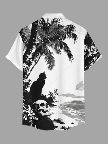 Gothic Plus Size Skull Coconut Tree Cat Print Button Pocket Shirt For Men