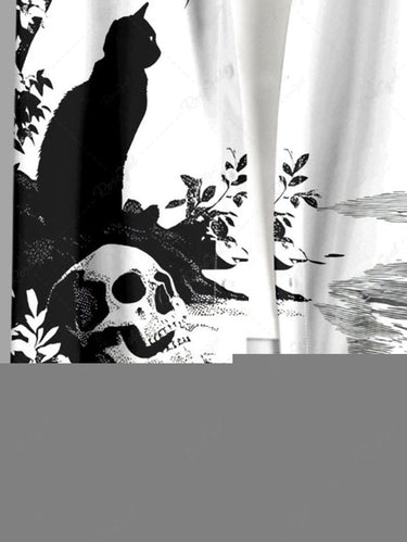 Gothic Plus Size Skull Coconut Tree Cat Print Button Pocket Shirt For Men