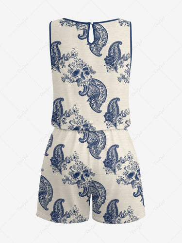 Gothic Plus Size Skull Paisley Leaf Flower Print Drawstring Pocket Romper