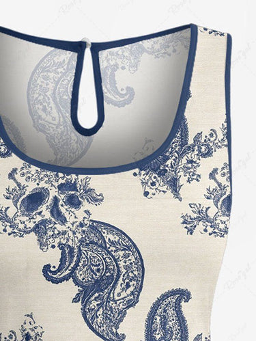 Gothic Plus Size Skull Paisley Leaf Flower Print Drawstring Pocket Romper