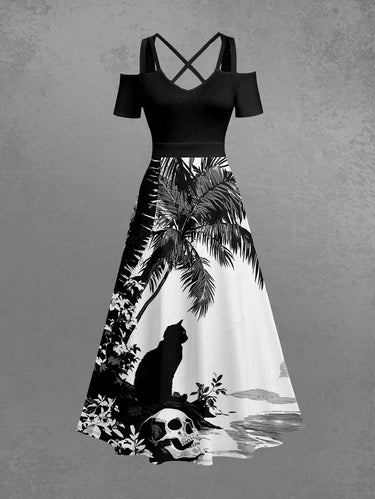 Gothic Plus Size Skull Coconut Tree Cat Print Cold Shoulder Crisscross A Line Maxi Dress