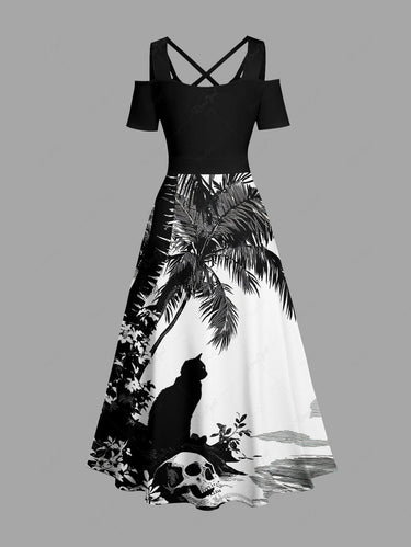 Gothic Plus Size Skull Coconut Tree Cat Print Cold Shoulder Crisscross A Line Maxi Dress