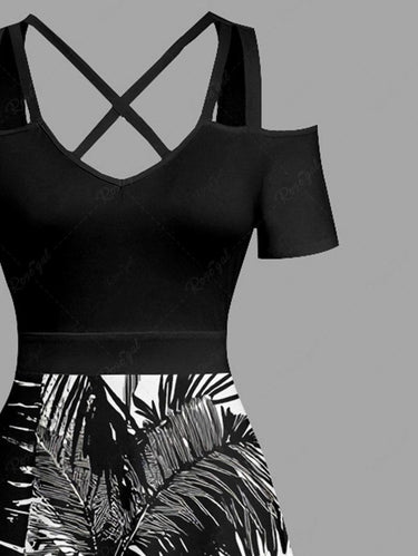 Gothic Plus Size Skull Coconut Tree Cat Print Cold Shoulder Crisscross A Line Maxi Dress