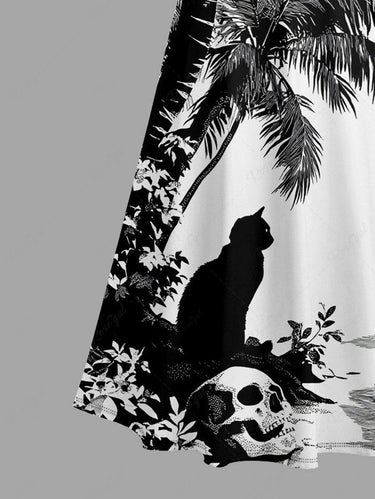 Gothic Plus Size Skull Coconut Tree Cat Print Cold Shoulder Crisscross A Line Maxi Dress