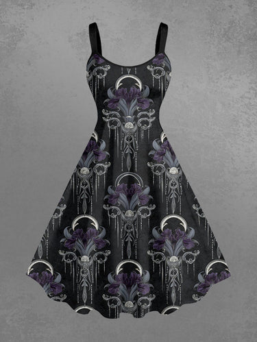 Gothic Plus Size Flower Moon Tassel Print A Line Dress