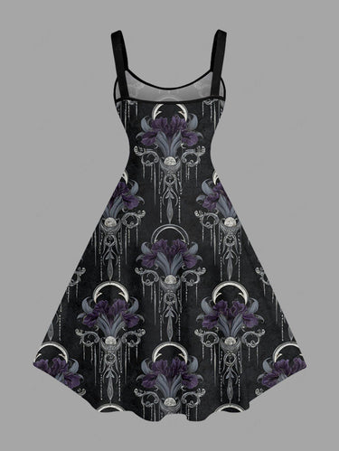 Gothic Plus Size Flower Moon Tassel Print A Line Dress