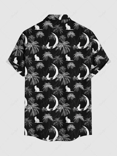 Gothic Plus Size Coconut Tree Moon Cat Print Button Pocket Shirt For Men