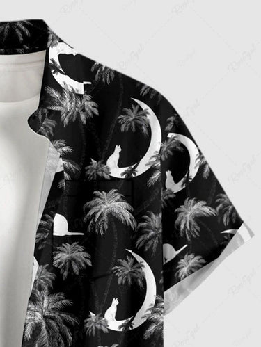 Gothic Plus Size Coconut Tree Moon Cat Print Button Pocket Shirt For Men