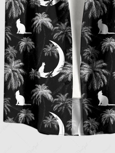 Gothic Plus Size Coconut Tree Moon Cat Print Button Pocket Shirt For Men