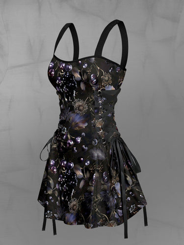 Flower Leaf Fruit Print Lace Up A Line Dress