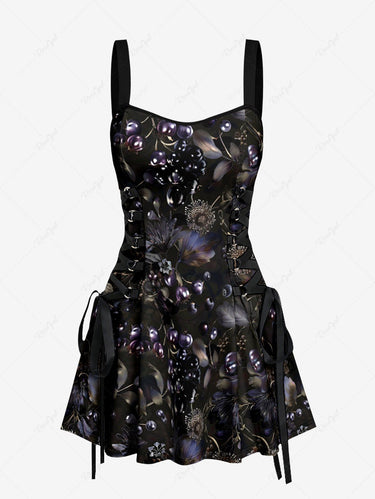 Flower Leaf Fruit Print Lace Up A Line Dress