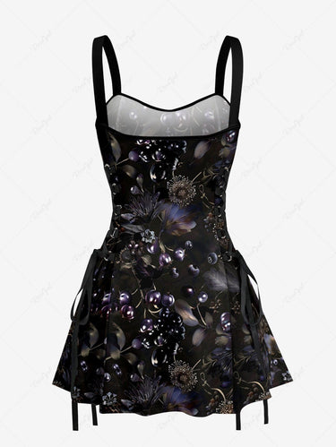 Flower Leaf Fruit Print Lace Up A Line Dress