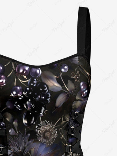 Flower Leaf Fruit Print Lace Up A Line Dress