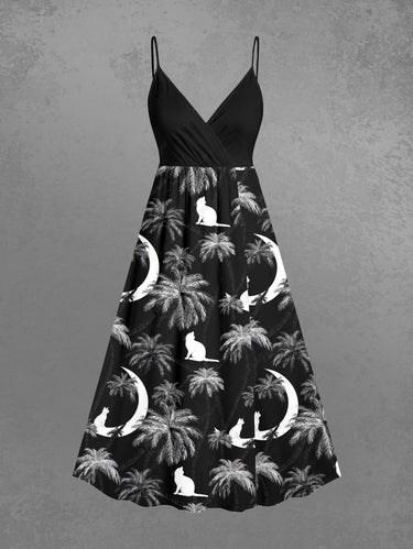 Gothic Plus Size Coconut Tree Moon Cat Print Surplice A Line Cami Dress