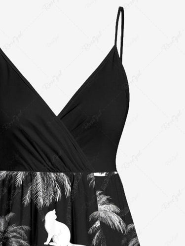 Gothic Plus Size Coconut Tree Moon Cat Print Surplice A Line Cami Dress