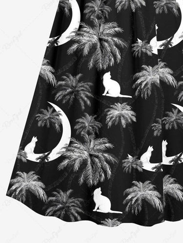 Gothic Plus Size Coconut Tree Moon Cat Print Surplice A Line Cami Dress