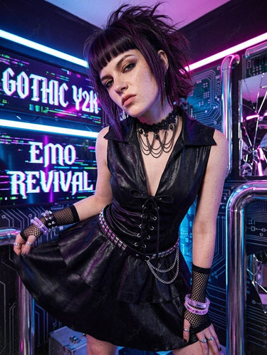 Gothic Turn-down Collar Lace Up Sheeny Layered A Line Dress