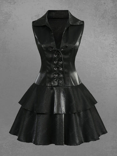 Gothic Turn-down Collar Lace Up Sheeny Layered A Line Dress