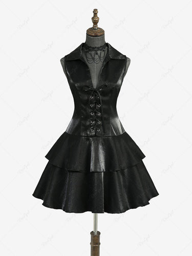 Gothic Turn-down Collar Lace Up Sheeny Layered A Line Dress