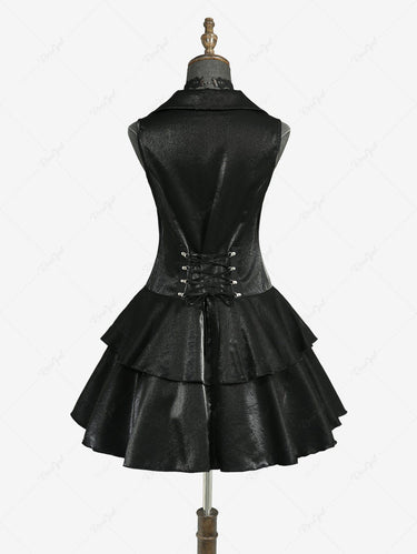 Gothic Turn-down Collar Lace Up Sheeny Layered A Line Dress