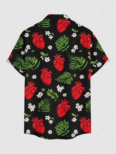 Gothic Plus Size Tropical Leaf Flower Heart Print Button Pocket Shirt For Men