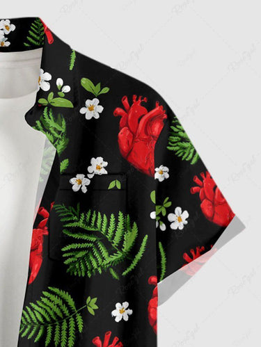 Gothic Plus Size Tropical Leaf Flower Heart Print Button Pocket Shirt For Men