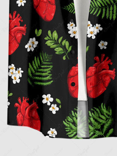 Gothic Plus Size Tropical Leaf Flower Heart Print Button Pocket Shirt For Men