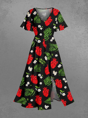 Gothic Plus Size Tropical Leaf Flower Heart Print Split Pocket A Line Midi Dress