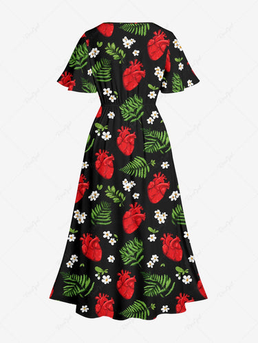 Gothic Plus Size Tropical Leaf Flower Heart Print Split Pocket A Line Midi Dress