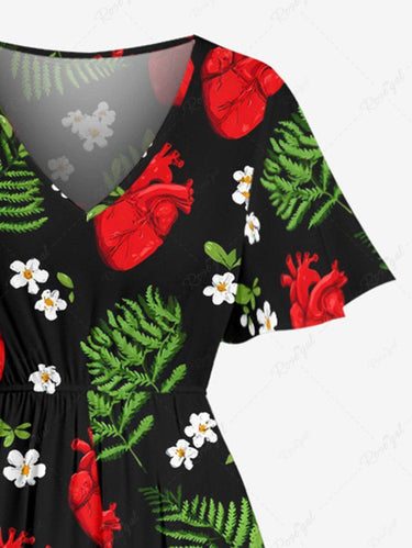 Gothic Plus Size Tropical Leaf Flower Heart Print Split Pocket A Line Midi Dress