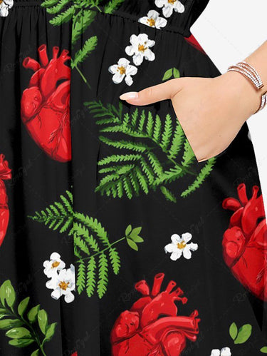 Gothic Plus Size Tropical Leaf Flower Heart Print Split Pocket A Line Midi Dress