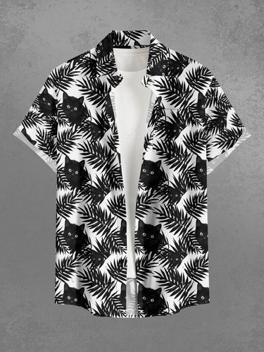 Gothic Plus Size Tropical Leaf Cat Print Button Pocket Shirt For Men