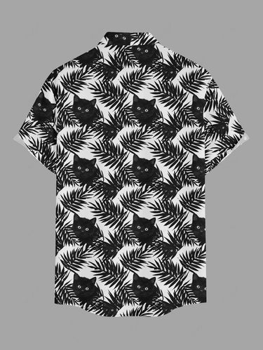 Gothic Plus Size Tropical Leaf Cat Print Button Pocket Shirt For Men