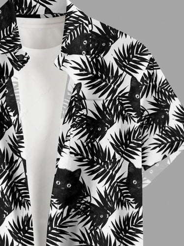 Gothic Plus Size Tropical Leaf Cat Print Button Pocket Shirt For Men