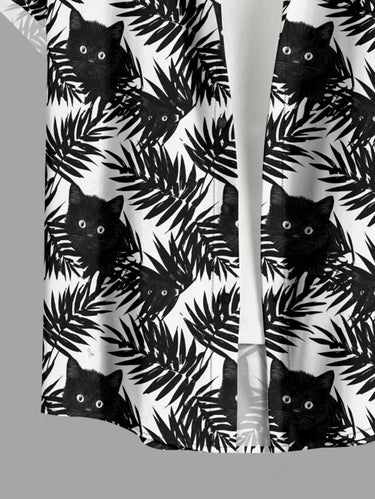 Gothic Plus Size Tropical Leaf Cat Print Button Pocket Shirt For Men