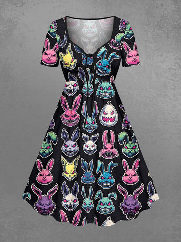 Gothic Plus Size Colorful Devil Rabbit Print Easter Cinched A Line Dress