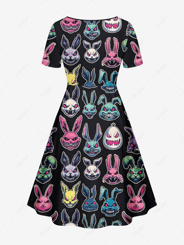 Gothic Plus Size Colorful Devil Rabbit Print Easter Cinched A Line Dress