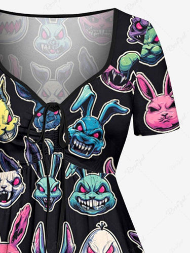 Gothic Plus Size Colorful Devil Rabbit Print Easter Cinched A Line Dress