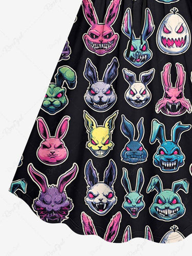 Gothic Plus Size Colorful Devil Rabbit Print Easter Cinched A Line Dress