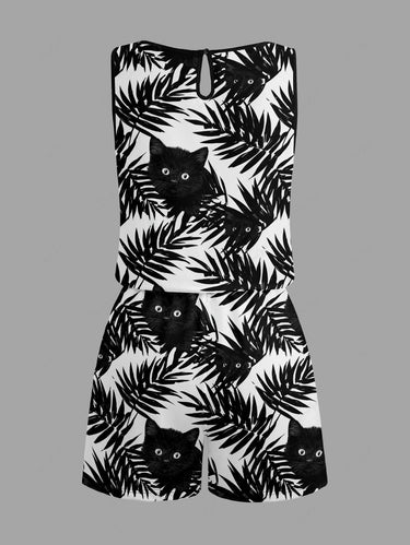 Gothic Plus Size Tropical Leaf Cat Print Drawstring Pocket Romper