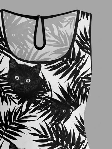 Gothic Plus Size Tropical Leaf Cat Print Drawstring Pocket Romper