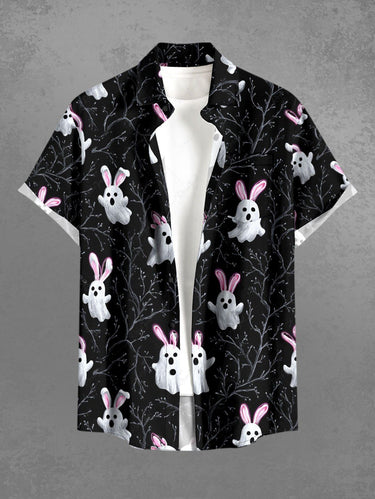 Gothic Plus Size Branch Ghost Rabbit Print Easter Button Pocket Shirt For Men