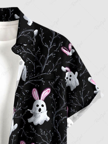 Gothic Plus Size Branch Ghost Rabbit Print Easter Button Pocket Shirt For Men